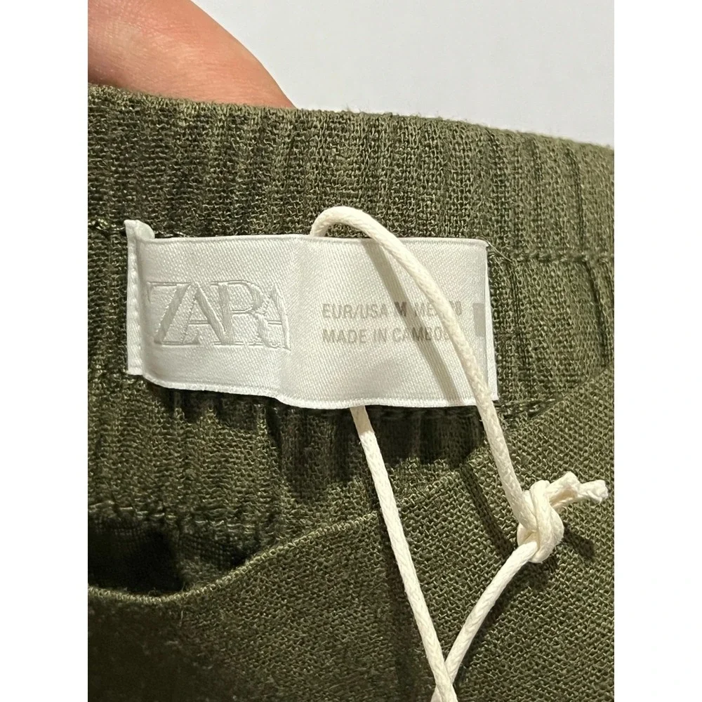 NWT Zara Womens Green Linen Blend Elastic Waist Wide-Leg Boho Flowy Pants M